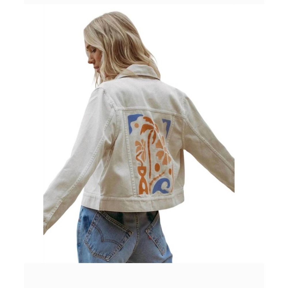 L*Space Capri Jacket Bone Embroidered Cropped Denim Floral Coastal M NWT